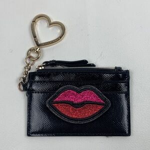 Victoria's Secret Black Textured Card Holder Gold Heart Keyring Lips design Zip